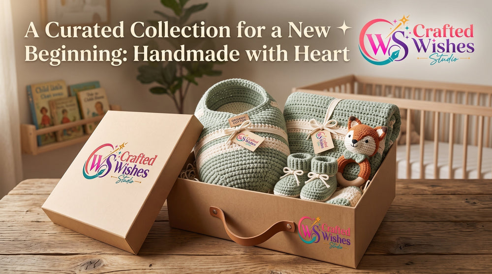 Handmade crochet baby shower gift box with organic cotton booties, blanket, and animal rattle