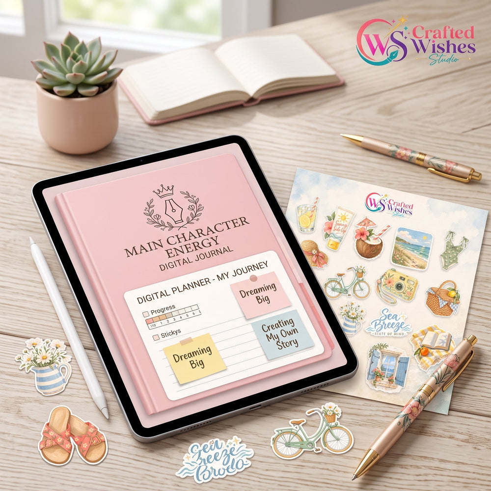Main character energy journal ideas with pink digital stickers