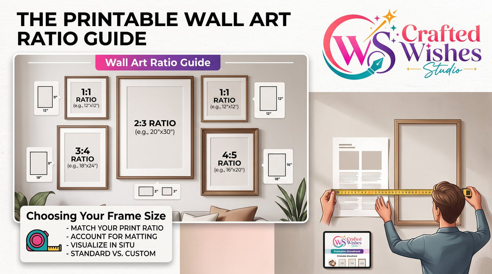 Printable wall art ratio and frame size guide by Crafted Wishes Studio