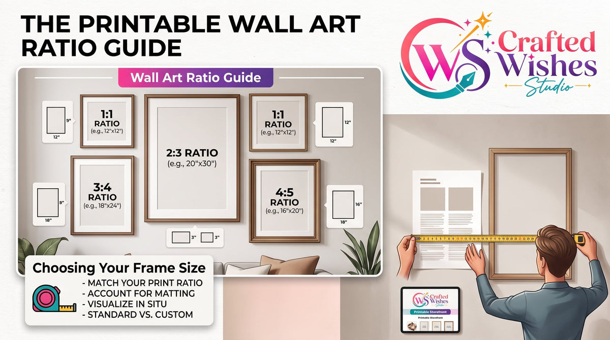 Printable wall art ratio and frame size guide by Crafted Wishes Studio