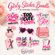 20 Main Character Energy Girly Digital Stickers PNG Bundle, Pink Aesthetic Printable Planner & Laptop Sticker Pack