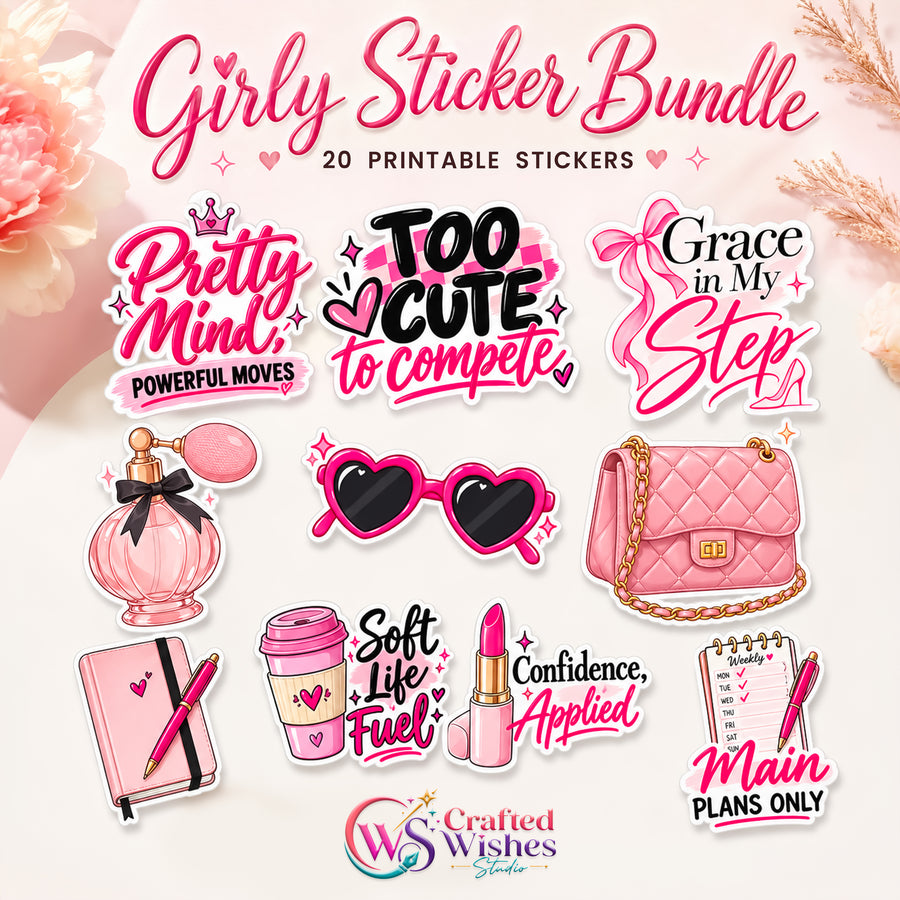 20 Main Character Energy Girly Digital Stickers PNG Bundle, Pink Aesthetic Printable Planner & Laptop Sticker Pack