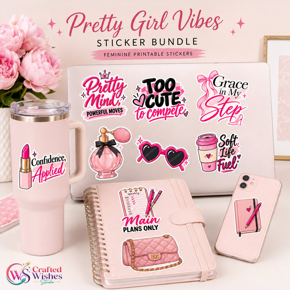 20 Main Character Energy Girly Digital Stickers PNG Bundle, Pink Aesthetic Printable Planner & Laptop Sticker Pack