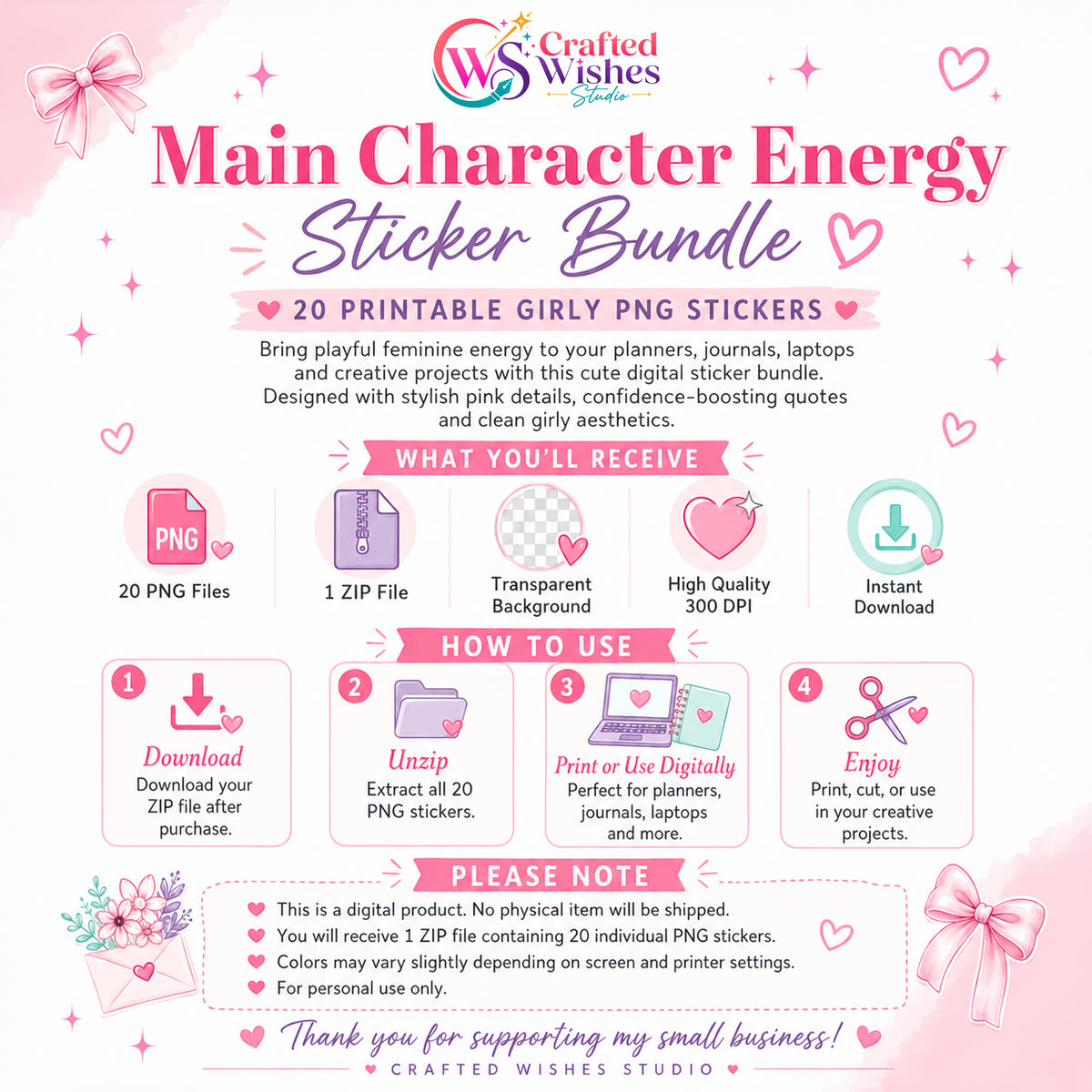 20 Main Character Energy Girly Digital Stickers PNG Bundle, Pink Aesthetic Printable Planner & Laptop Sticker Pack