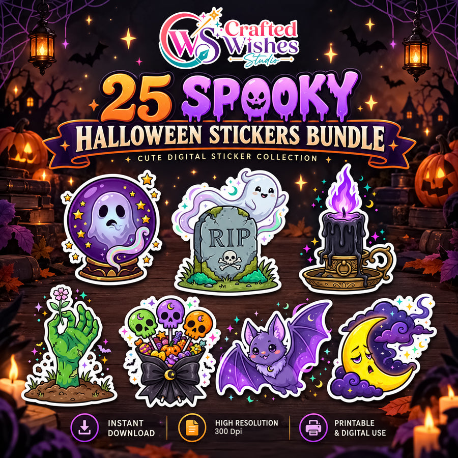 25 Halloween Sticker PNG Bundle | Cute Spooky Printable Digital Stickers