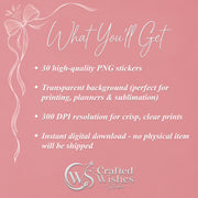 30 Cute Girly Printable Stickers PNG Bundle, Feminine Digital Sticker Pack, Pink Aesthetic Planner Journal & Laptop Stickers