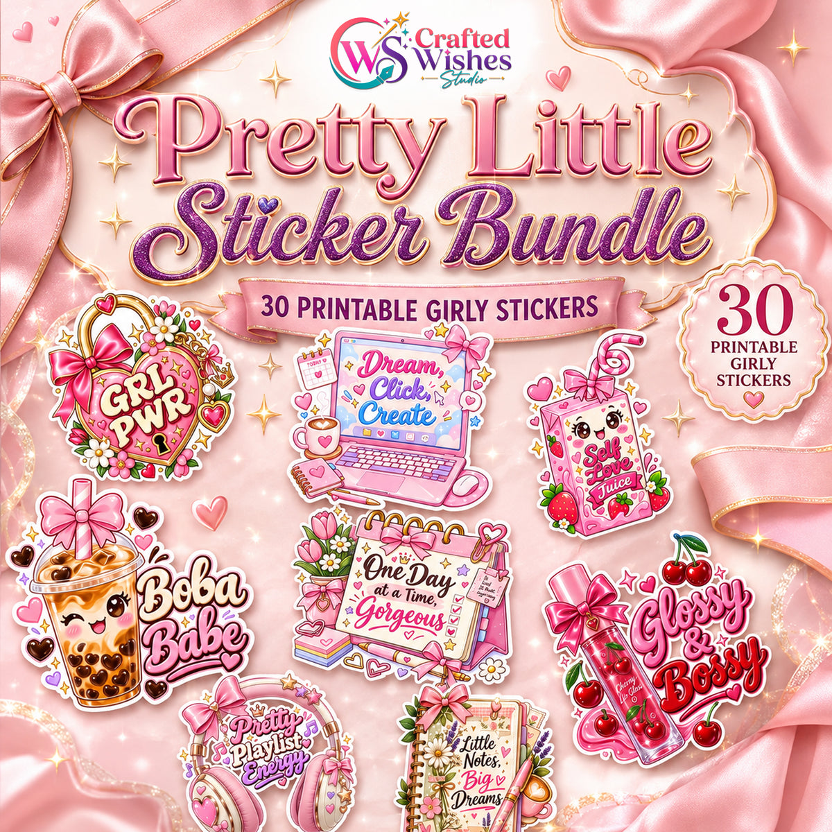 30 Cute Girly Printable Stickers PNG Bundle, Feminine Digital Sticker Pack, Pink Aesthetic Planner Journal & Laptop Stickers