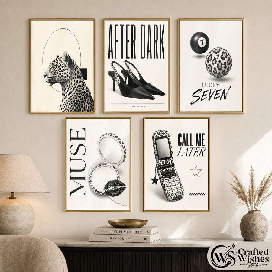 Stockholm Style Black & White Wall Art Set of 5, Leopard Y2K Fashion Printable Posters, Chic Gallery Wall Digital Download