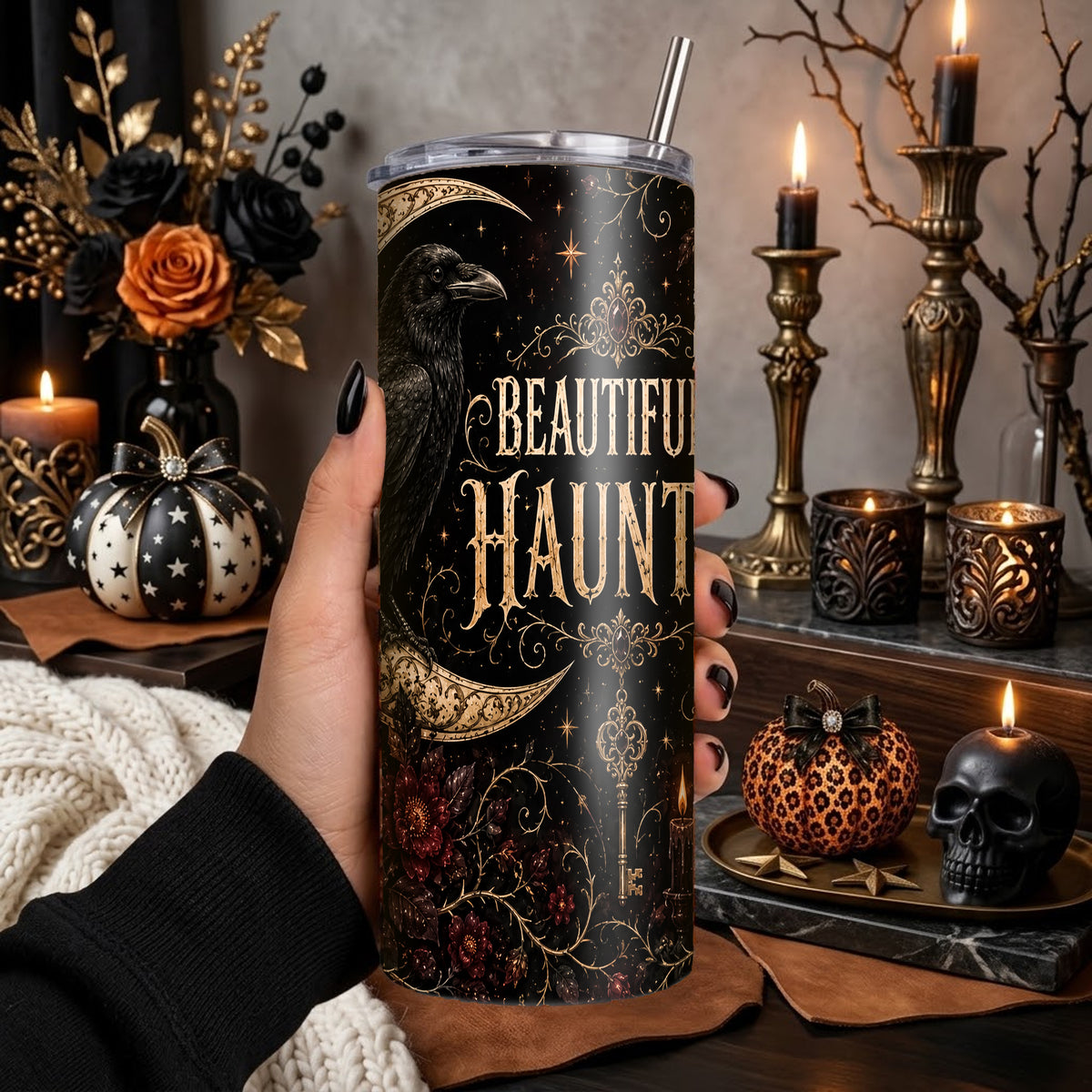 Beautifully Haunted Gothic Halloween Tumbler Wrap PNG | Raven 20oz Skinny Tumbler Sublimation Design