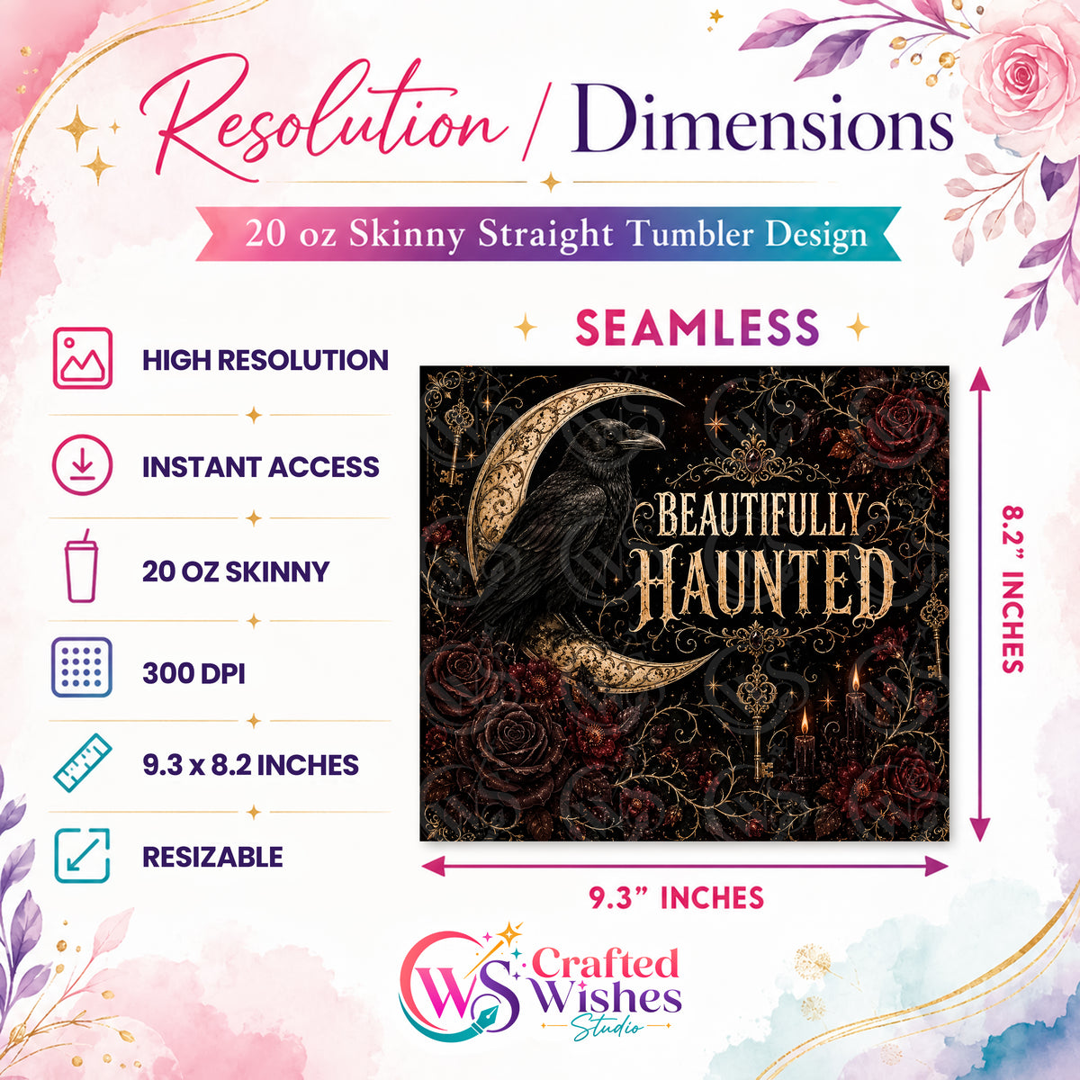Beautifully Haunted Gothic Halloween Tumbler Wrap PNG | Raven 20oz Skinny Tumbler Sublimation Design