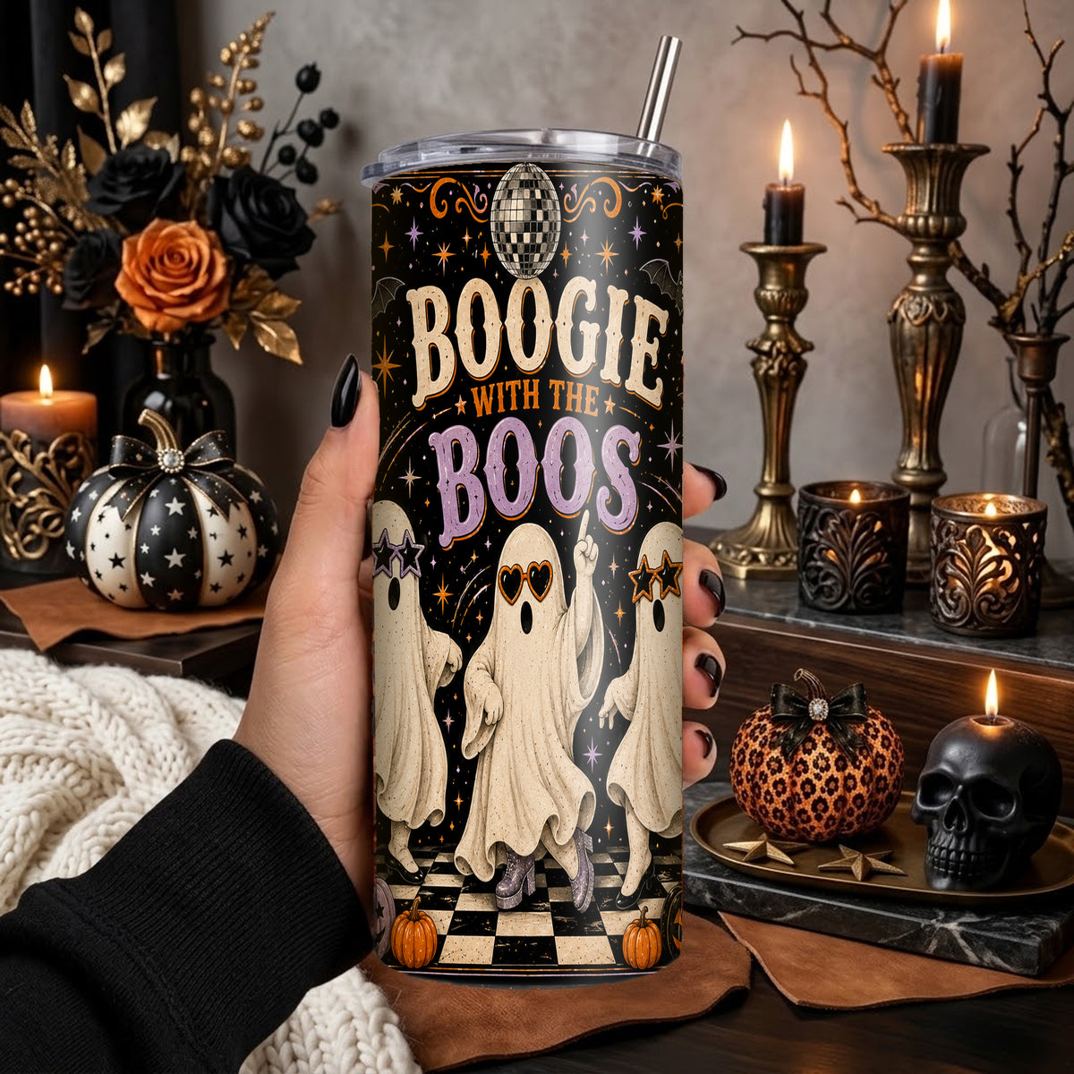 Boogie With The Boos Halloween Tumbler Wrap PNG | Ghost 20oz Skinny Tumbler Sublimation Design
