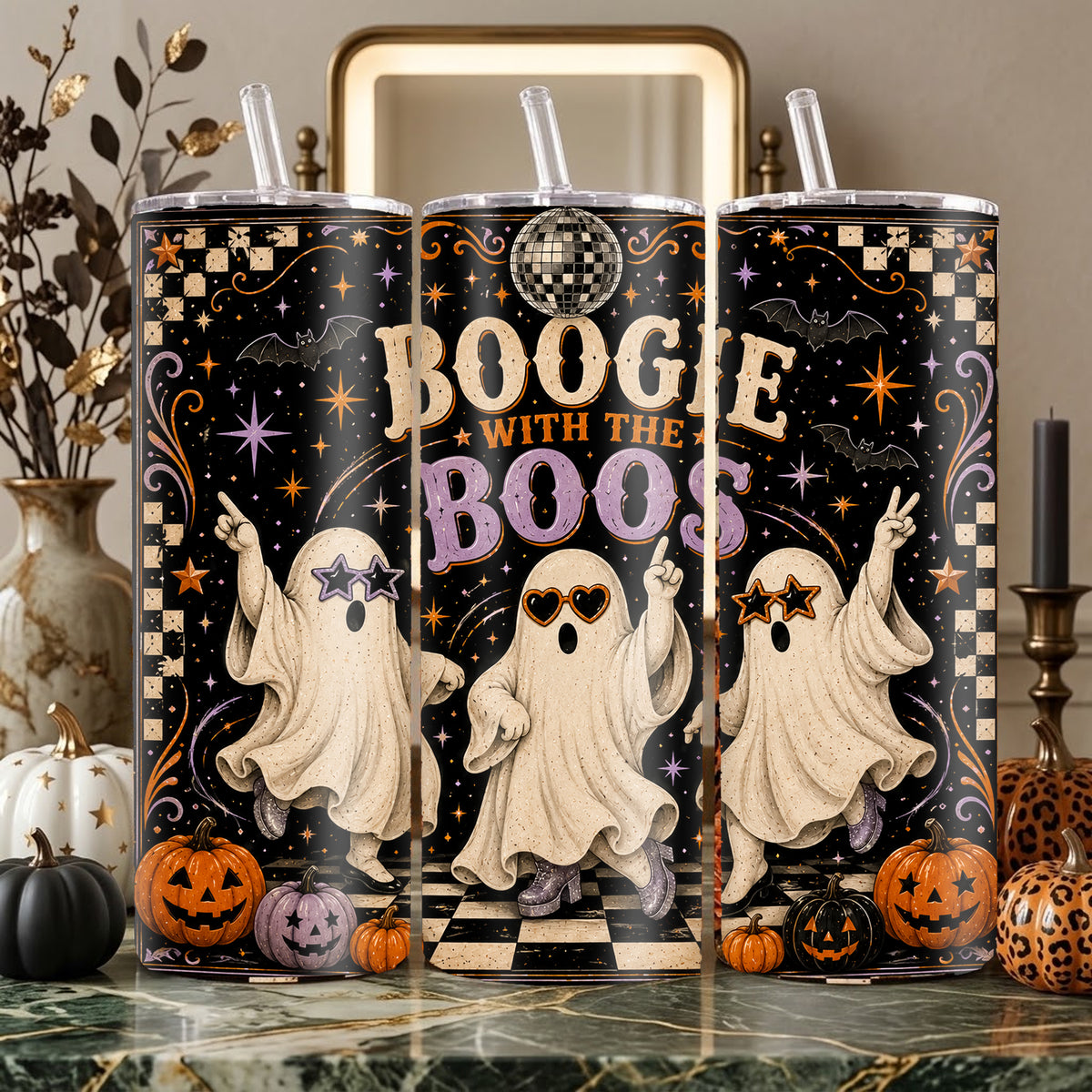 Boogie With The Boos Halloween Tumbler Wrap PNG | Ghost 20oz Skinny Tumbler Sublimation Design