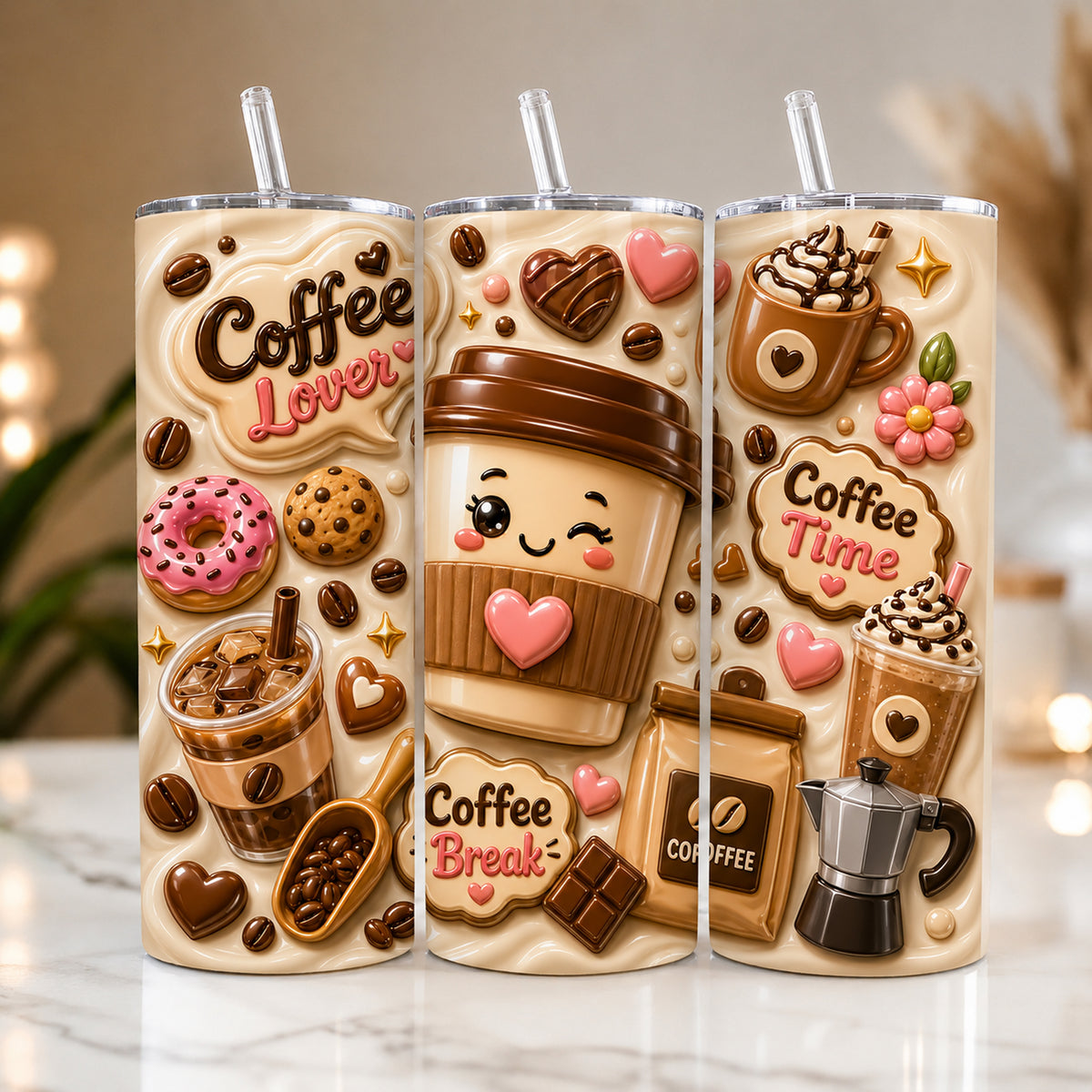 Coffee Lover Tumbler Wrap PNG, 3D Inflated 20oz Skinny Tumbler Sublimation Design, Cute Coffee Digital Download