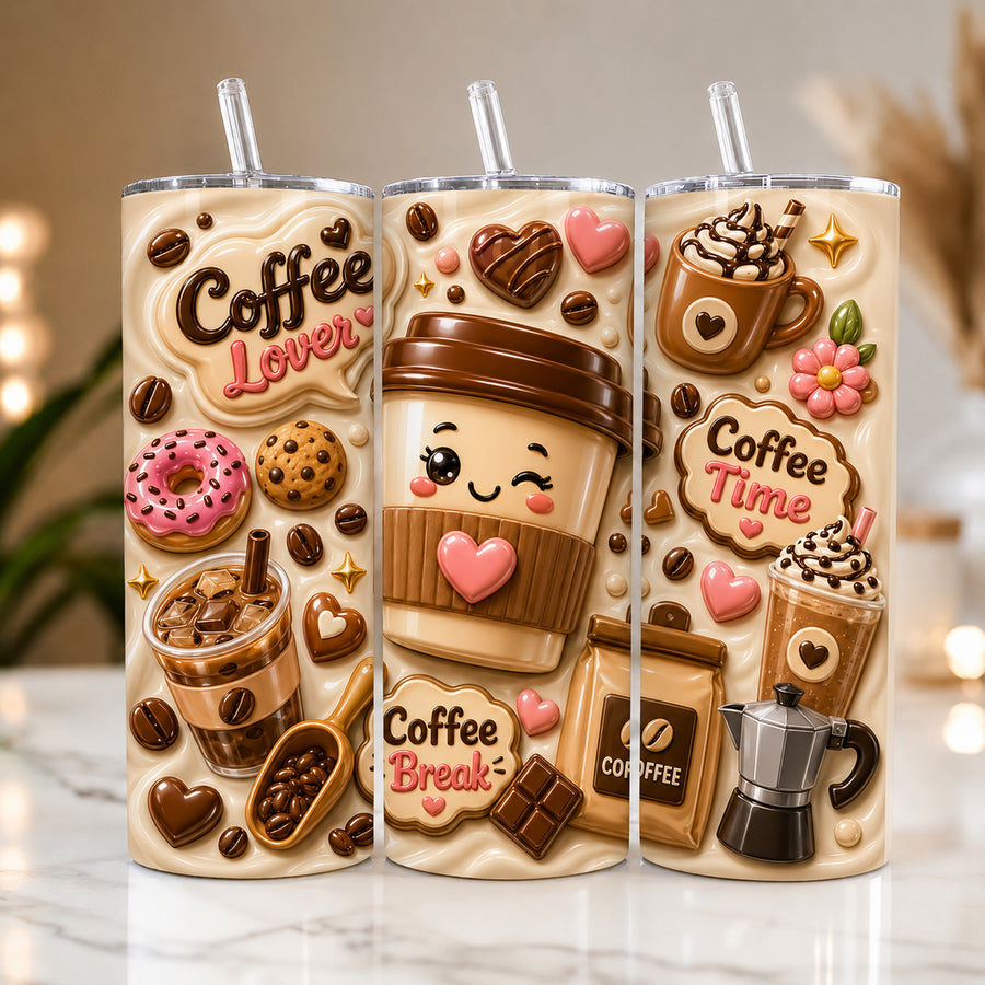 Coffee Lover Tumbler Wrap PNG, 3D Inflated 20oz Skinny Tumbler Sublimation Design, Cute Coffee Digital Download
