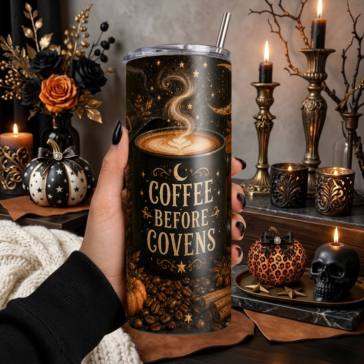 Coffee Before Covens Halloween Tumbler Wrap PNG | 20oz Skinny Tumbler Sublimation Design | Witchy Coffee Digital Download
