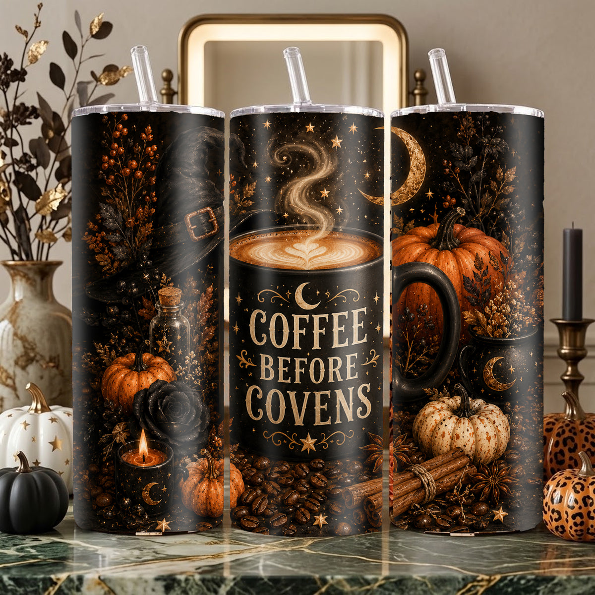 Coffee Before Covens Halloween Tumbler Wrap PNG | 20oz Skinny Tumbler Sublimation Design | Witchy Coffee Digital Download