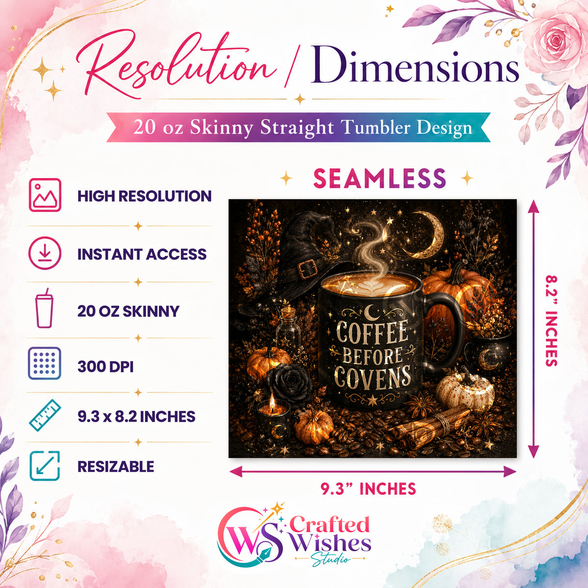 Coffee Before Covens Halloween Tumbler Wrap PNG | 20oz Skinny Tumbler Sublimation Design | Witchy Coffee Digital Download