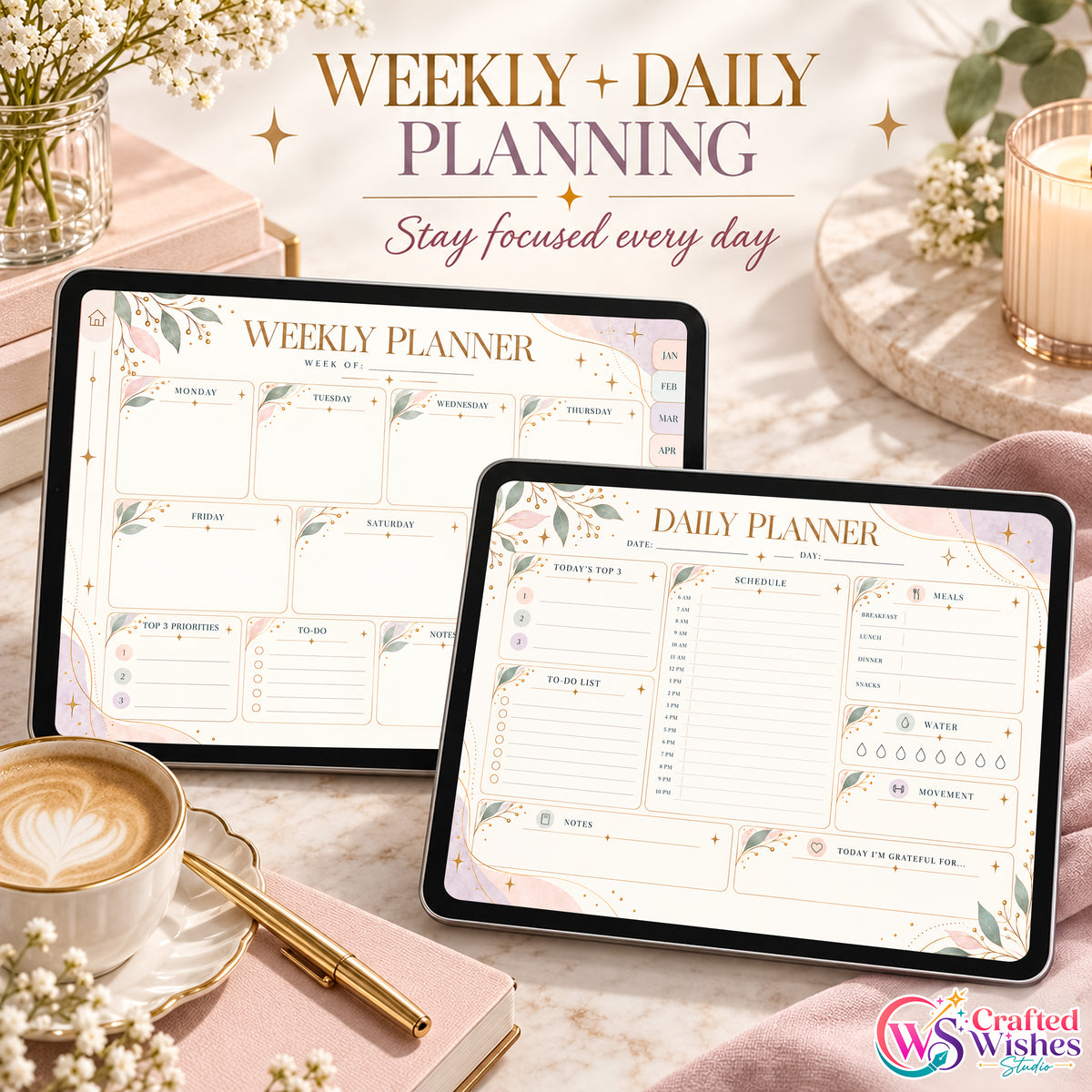 Undated Digital Planner Bundle | Hyperlinked iPad & Android Planner + 10 Covers + 10 Digital Stickers