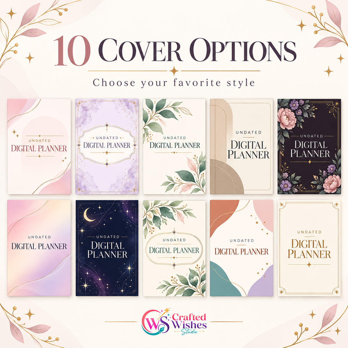 Undated Digital Planner Bundle | Hyperlinked iPad & Android Planner + 10 Covers + 10 Digital Stickers