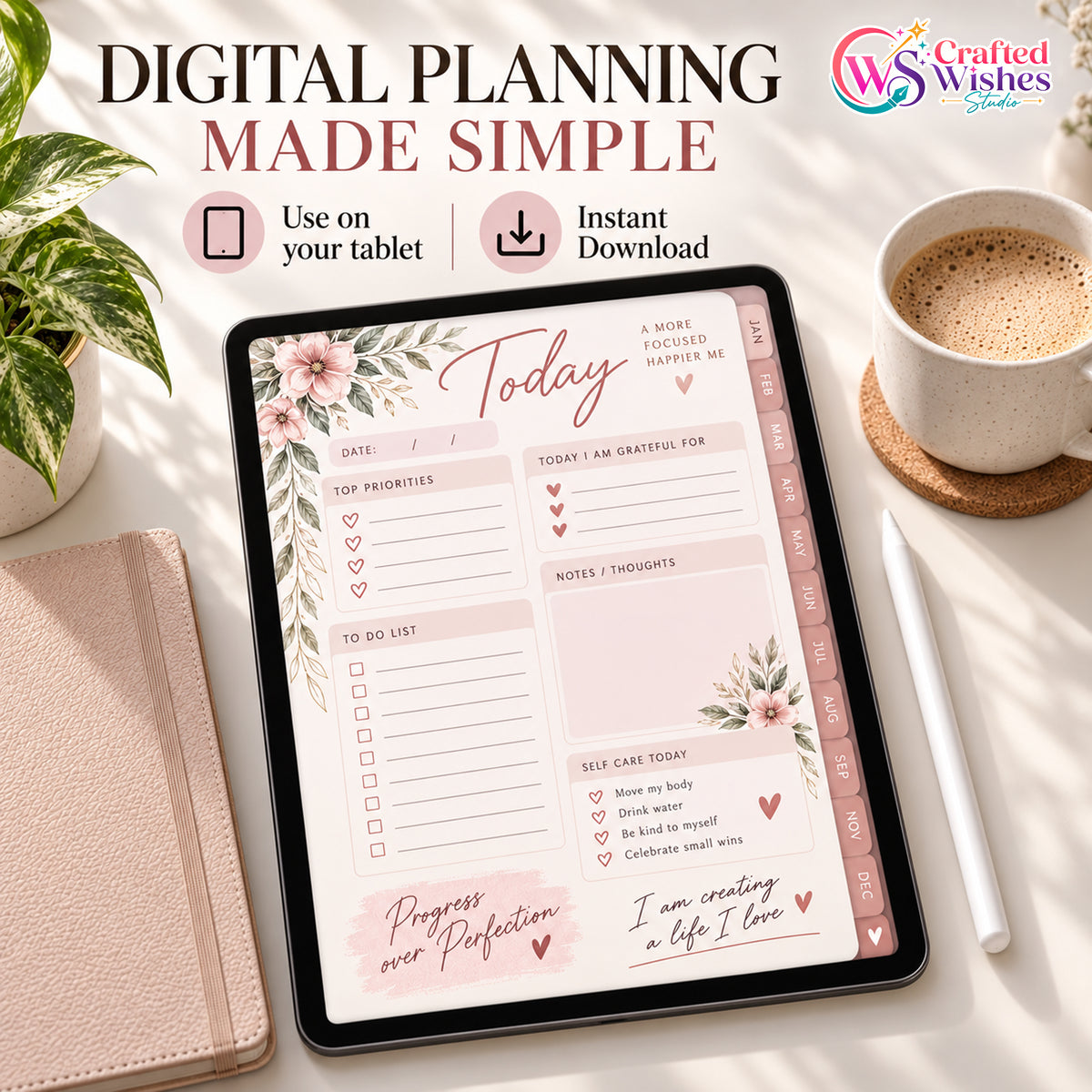 Undated Digital Planner Bundle | Hyperlinked iPad & Android Planner + 10 Covers + 10 Digital Stickers