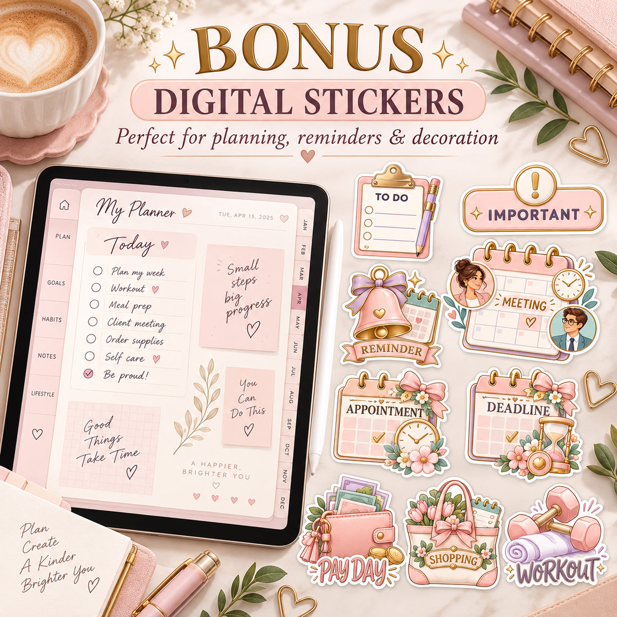 Undated Digital Planner Bundle | Hyperlinked iPad & Android Planner + 10 Covers + 10 Digital Stickers