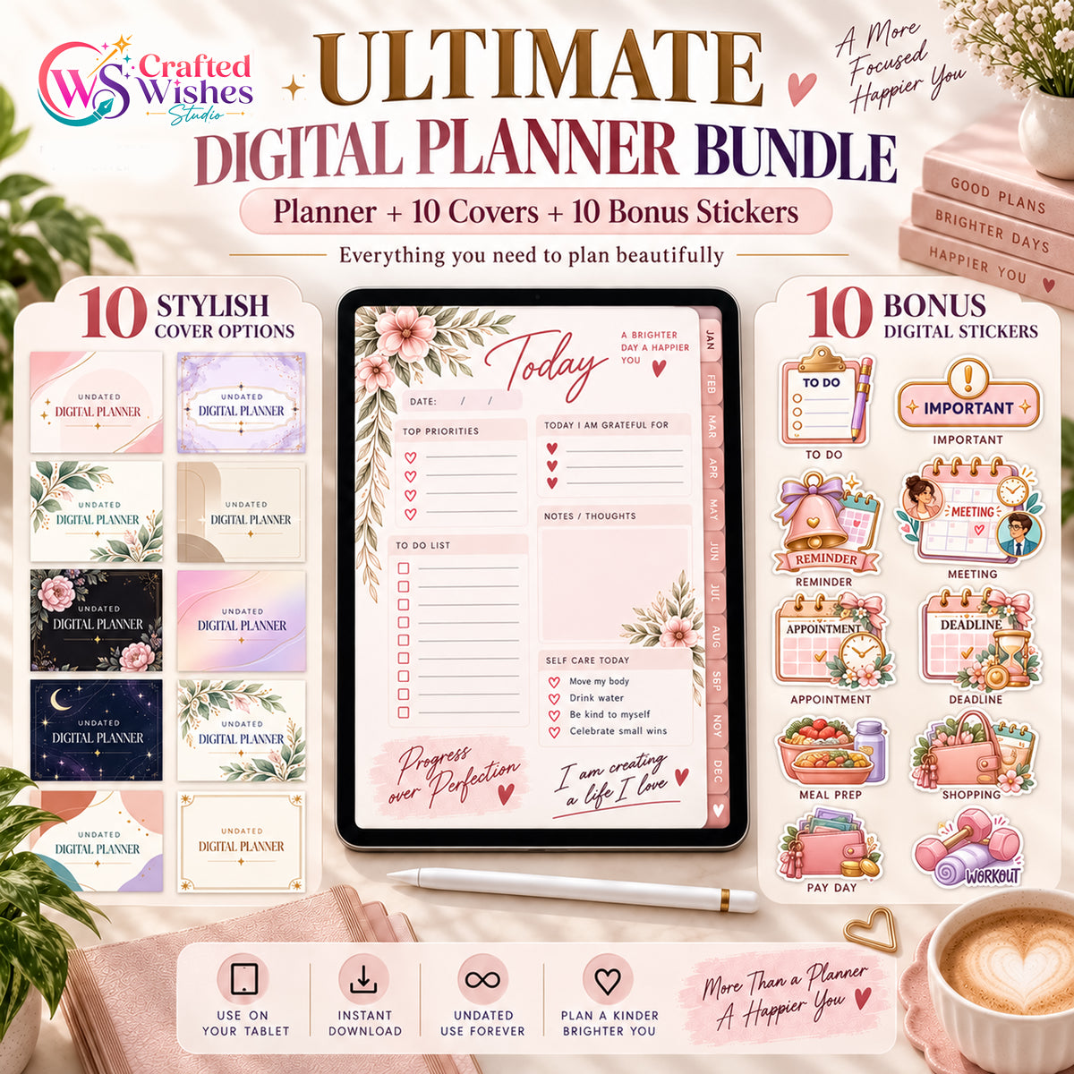 Undated Digital Planner Bundle | Hyperlinked iPad & Android Planner + 10 Covers + 10 Digital Stickers
