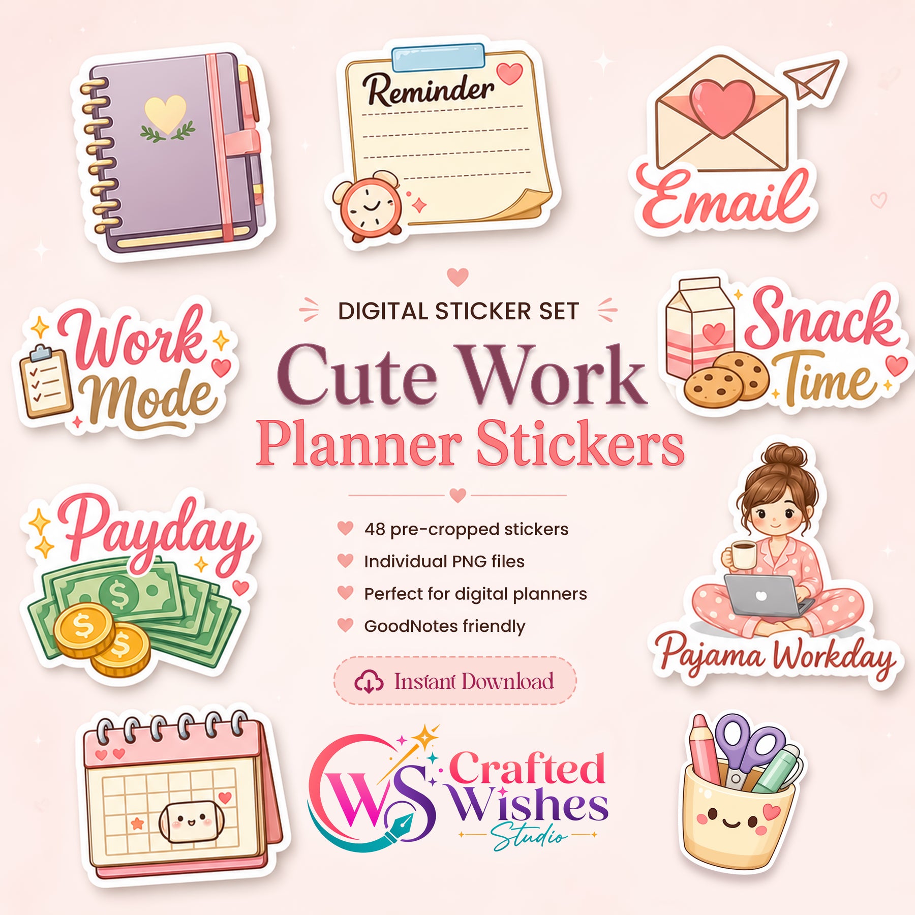 48 Cute Work Planner Stickers PNG Bundle | Digital Planner Stickers for GoodNotes, iPad & Journaling
