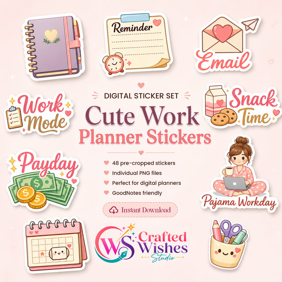 48 Cute Work Planner Stickers PNG Bundle | Digital Planner Stickers for GoodNotes, iPad & Journaling