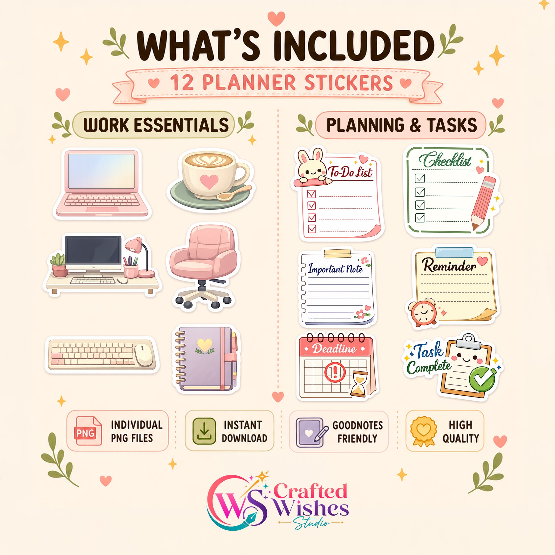 48 Cute Work Planner Stickers PNG Bundle | Digital Planner Stickers for GoodNotes, iPad & Journaling
