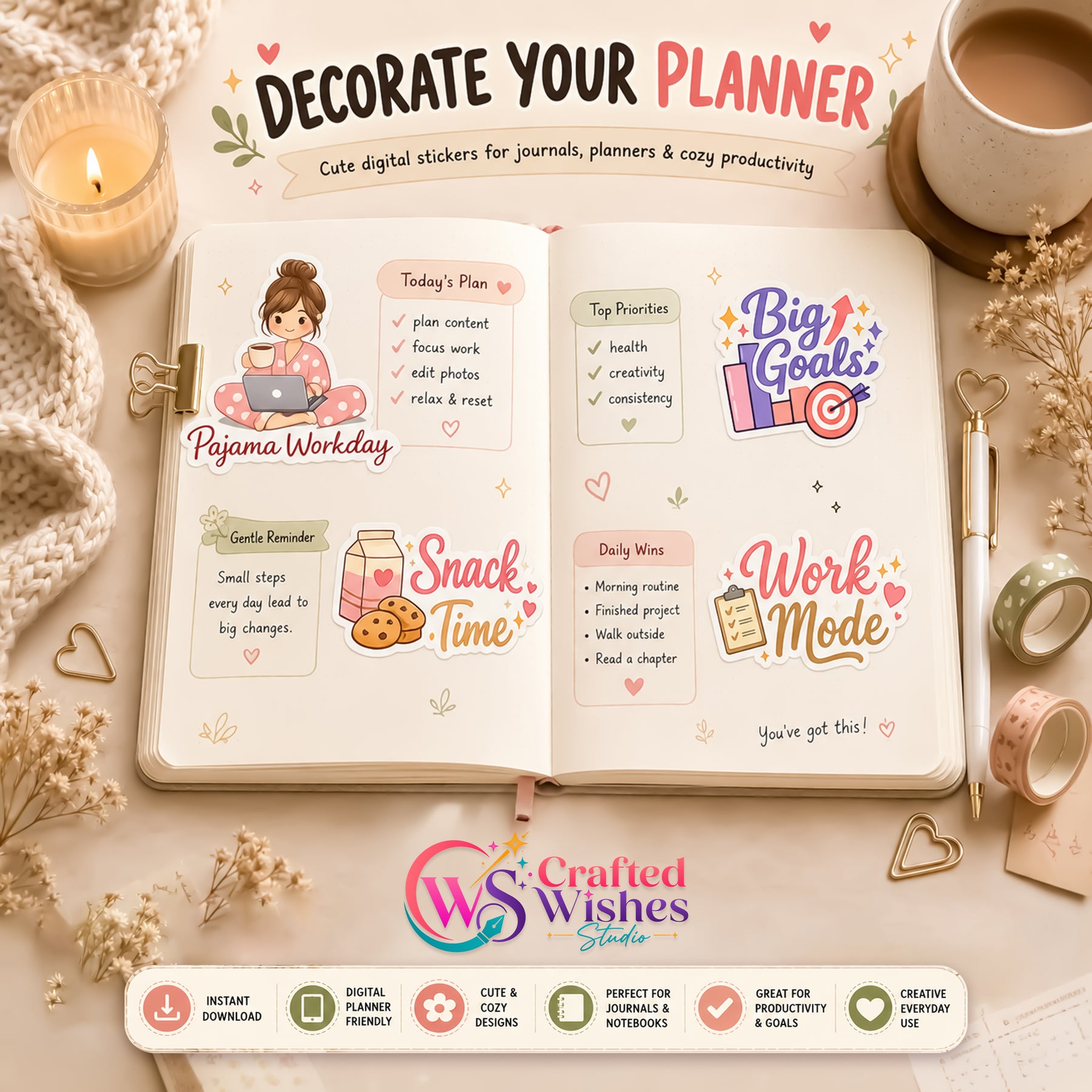 48 Cute Work Planner Stickers PNG Bundle | Digital Planner Stickers for GoodNotes, iPad & Journaling