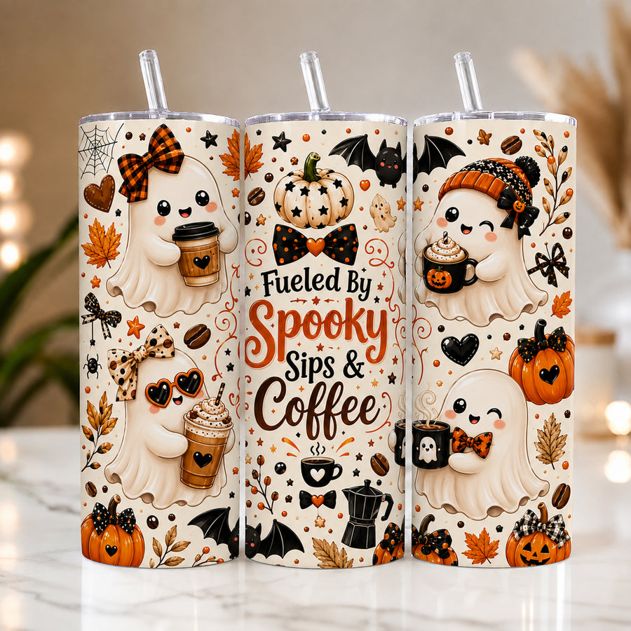 Halloween Ghost Coffee Tumbler Wrap PNG, 20oz Skinny Tumbler Sublimation Design, Spooky Coffee Digital Download