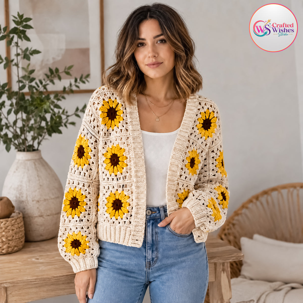 Handmade Sunflower Granny Square Cardigan | Custom Colors