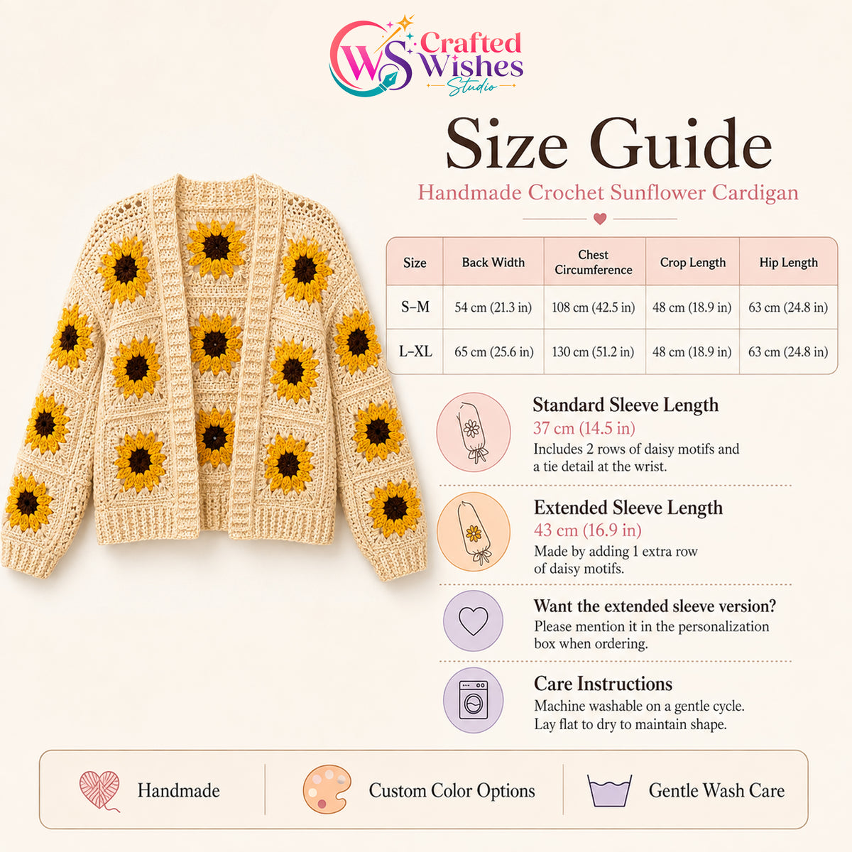 Handmade Sunflower Granny Square Cardigan | Custom Colors