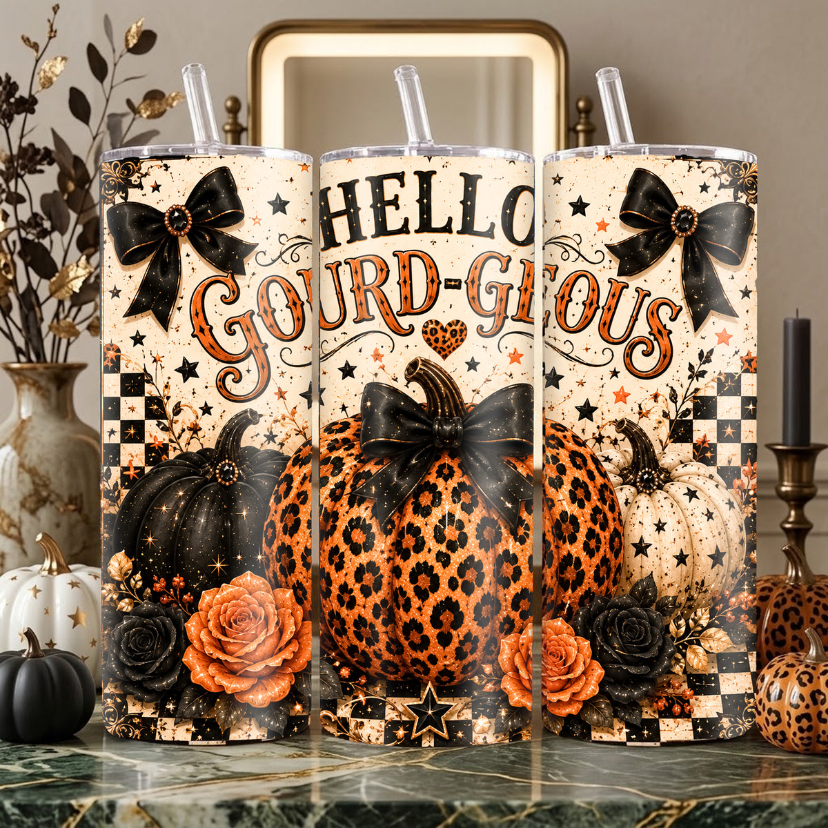 Hello Gourd-geous Tumbler Wrap PNG | 20oz Skinny Halloween Sublimation Design