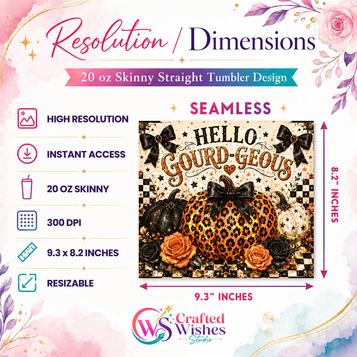 Hello Gourd-geous Tumbler Wrap PNG | 20oz Skinny Halloween Sublimation Design