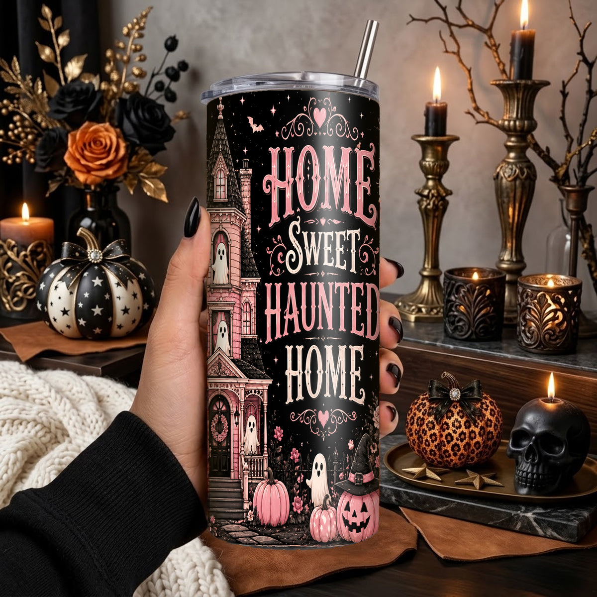 Home Sweet Haunted Home Pink Halloween Tumbler Wrap PNG | 20oz Skinny Tumbler Sublimation Design