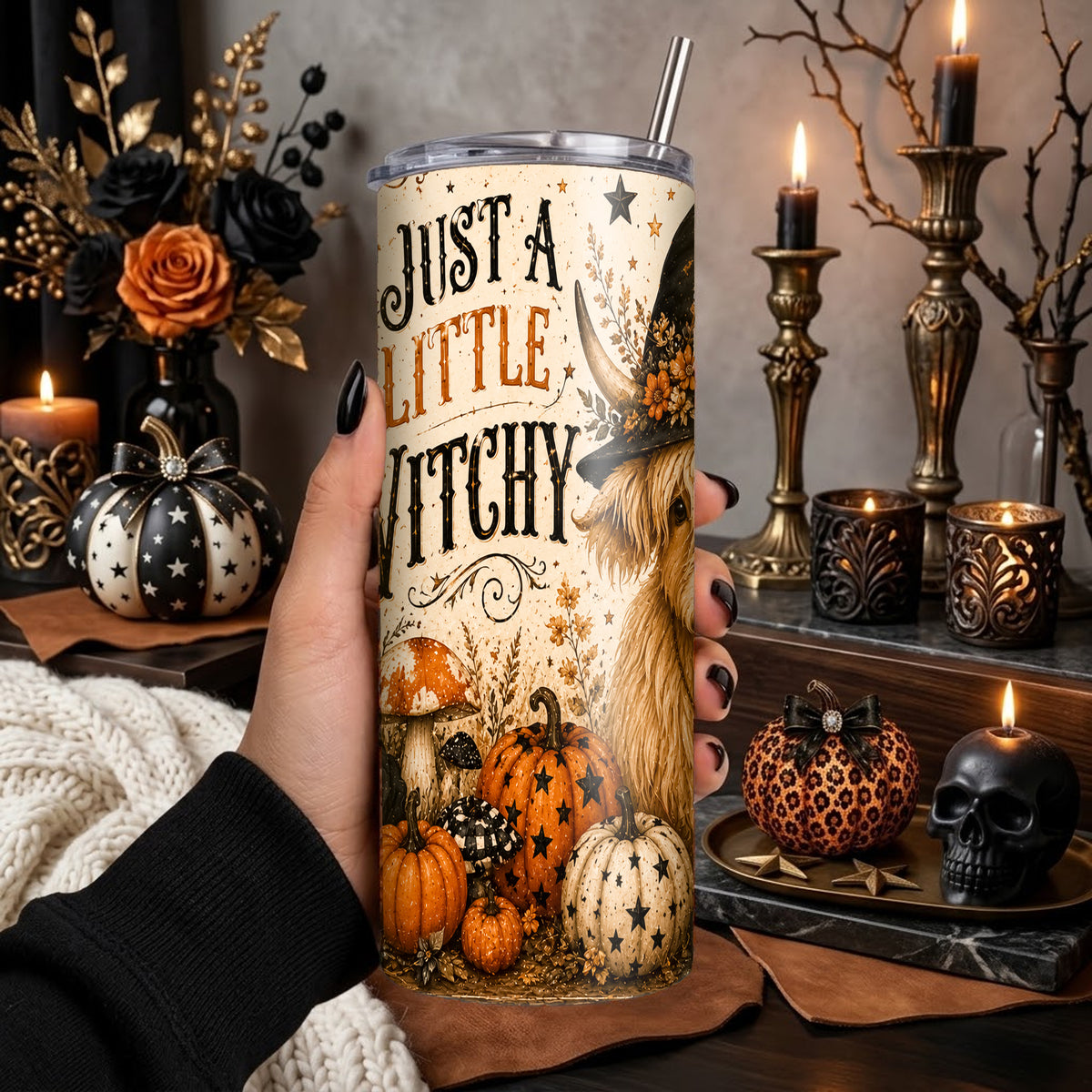 Just A Little Witchy Highland Cow Halloween Tumbler Wrap PNG | 20oz Skinny Sublimation Design