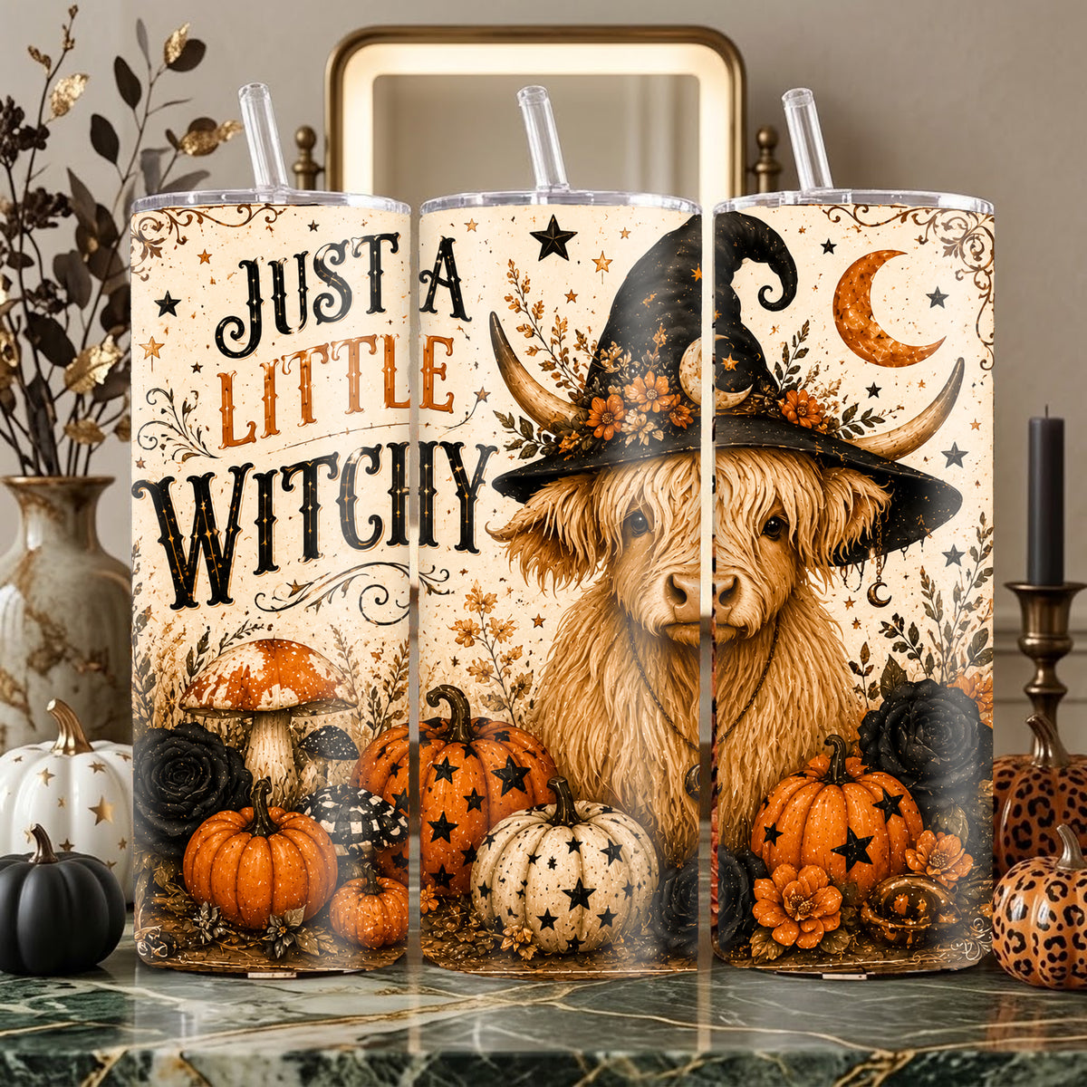 Just A Little Witchy Highland Cow Halloween Tumbler Wrap PNG | 20oz Skinny Sublimation Design