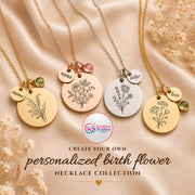 Personalized Birth Flower Necklace | Custom Family Bouquet & Birthstone Gift for Mom
