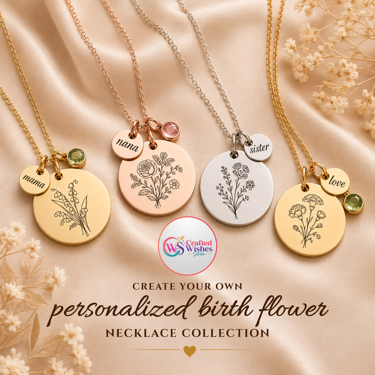 Personalized Birth Flower Necklace | Custom Family Bouquet & Birthstone Gift for Mom