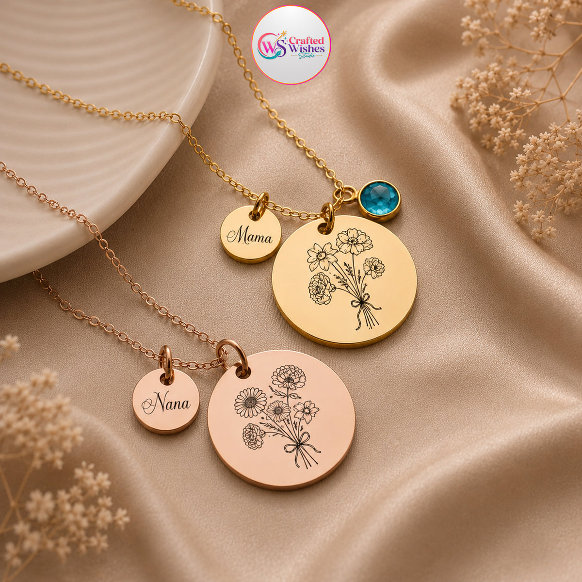 Personalized Birth Flower Necklace | Custom Family Bouquet & Birthstone Gift for Mom