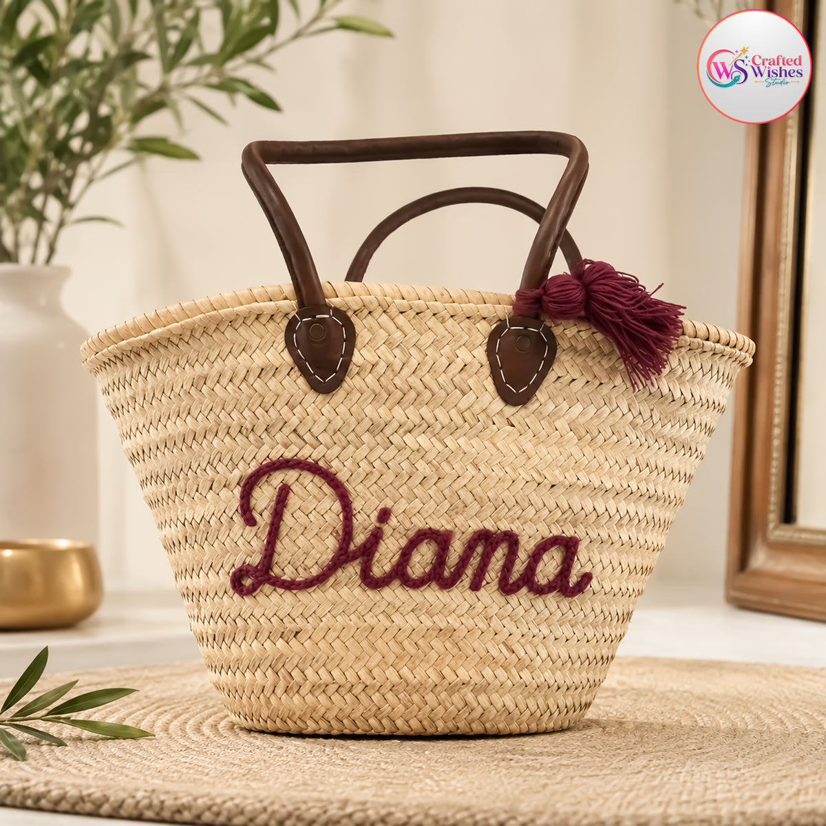 Personalized Embroidered Straw Tote Bag | Custom Name Beach & Bridesmaid Bag