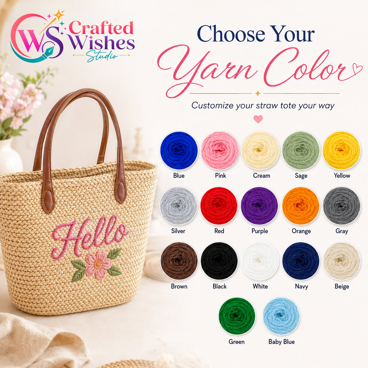 Personalized Embroidered Straw Tote Bag | Custom Name Beach & Bridesmaid Bag