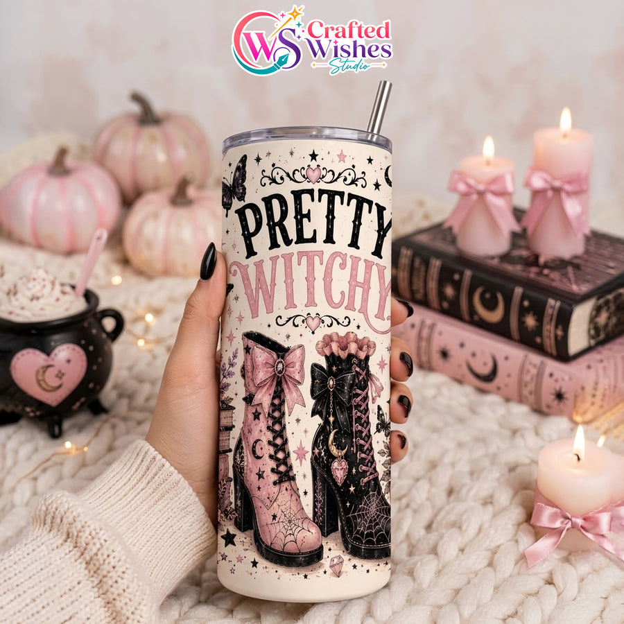 Pretty Witchy 20oz Skinny Tumbler Wrap PNG, Pink Halloween Sublimation Design, Spooky Season Digital Download