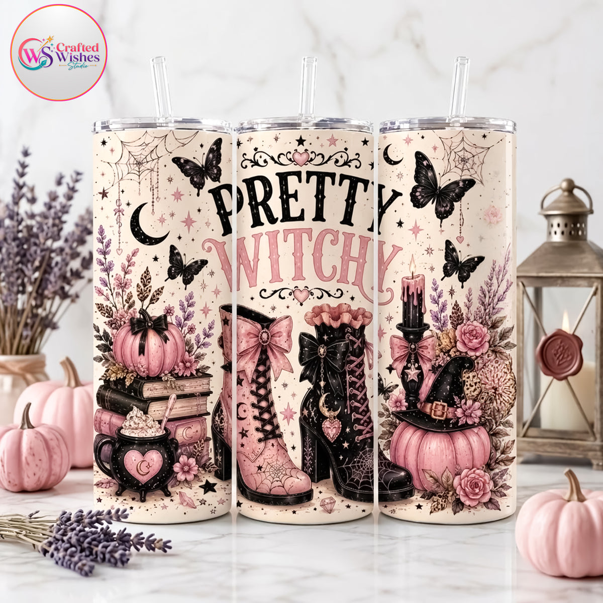 Pretty Witchy 20oz Skinny Tumbler Wrap PNG, Pink Halloween Sublimation Design, Spooky Season Digital Download