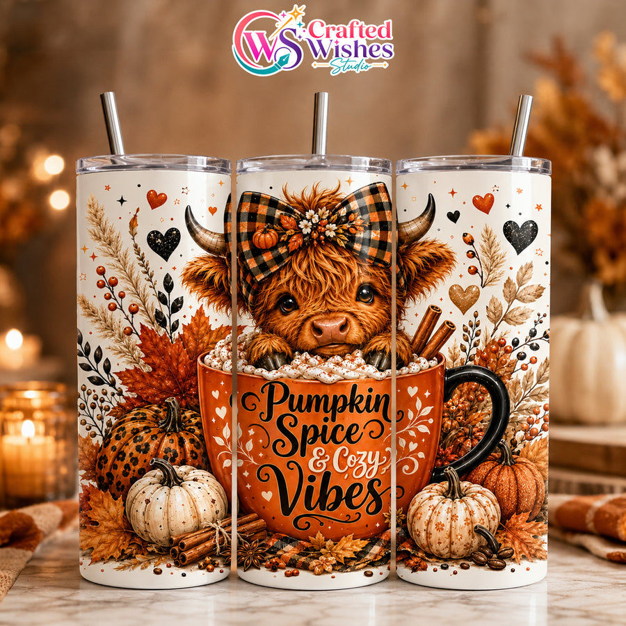 Pumpkin Spice Highland Cow Tumbler Wrap PNG, 20oz Skinny Sublimation Design, Fall Pumpkin Digital Download