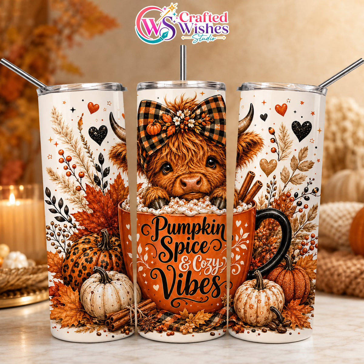 Pumpkin Spice Highland Cow Tumbler Wrap PNG, 20oz Skinny Sublimation Design, Fall Pumpkin Digital Download
