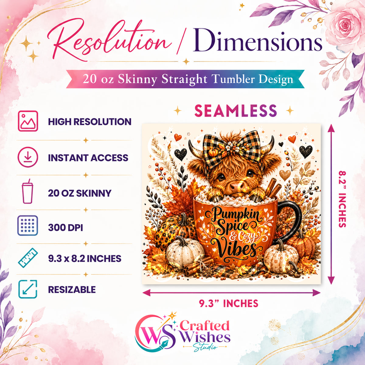 Pumpkin Spice Highland Cow Tumbler Wrap PNG, 20oz Skinny Sublimation Design, Fall Pumpkin Digital Download