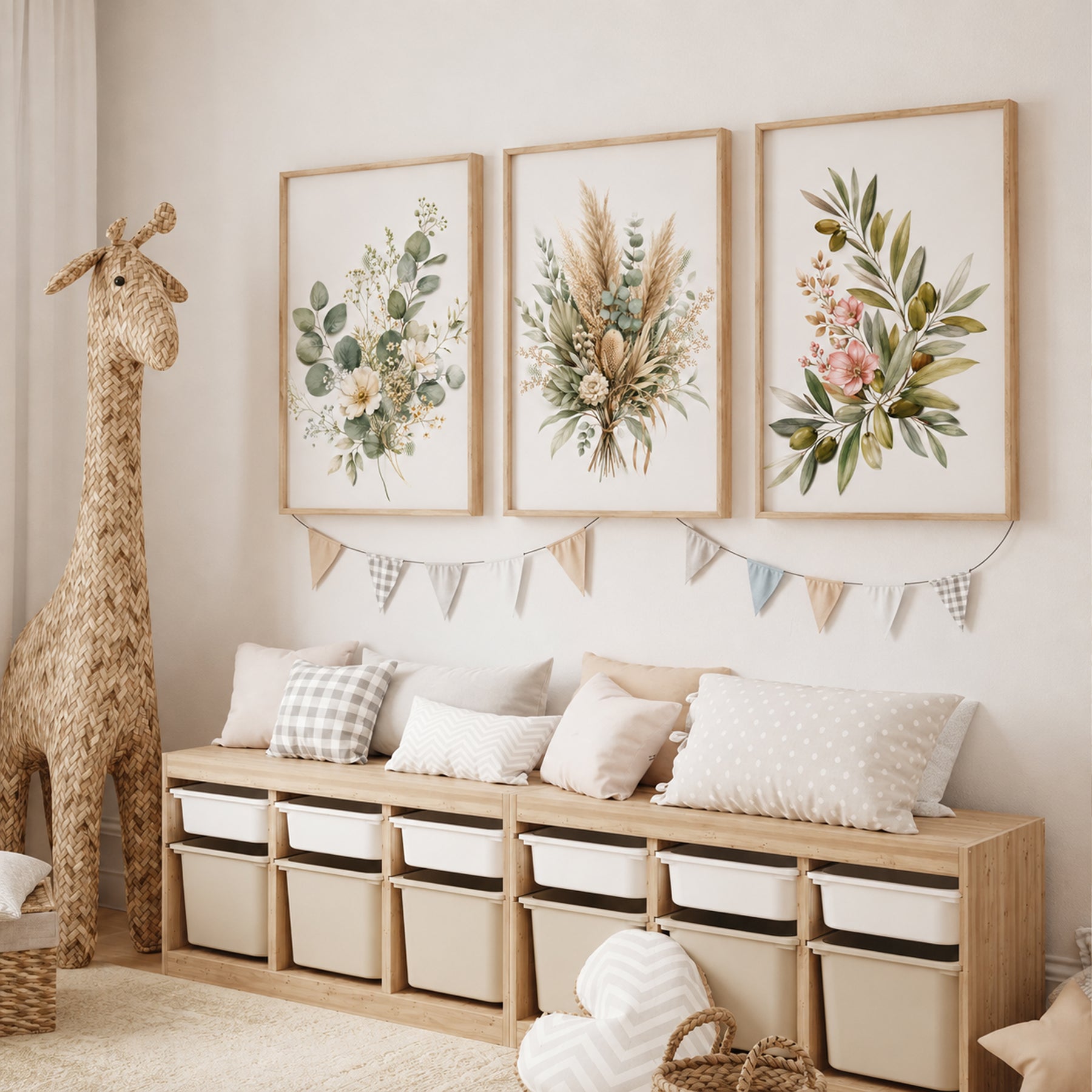 Sage Green Botanical Wall Art Set of 3 | Watercolor Floral Printable Decor