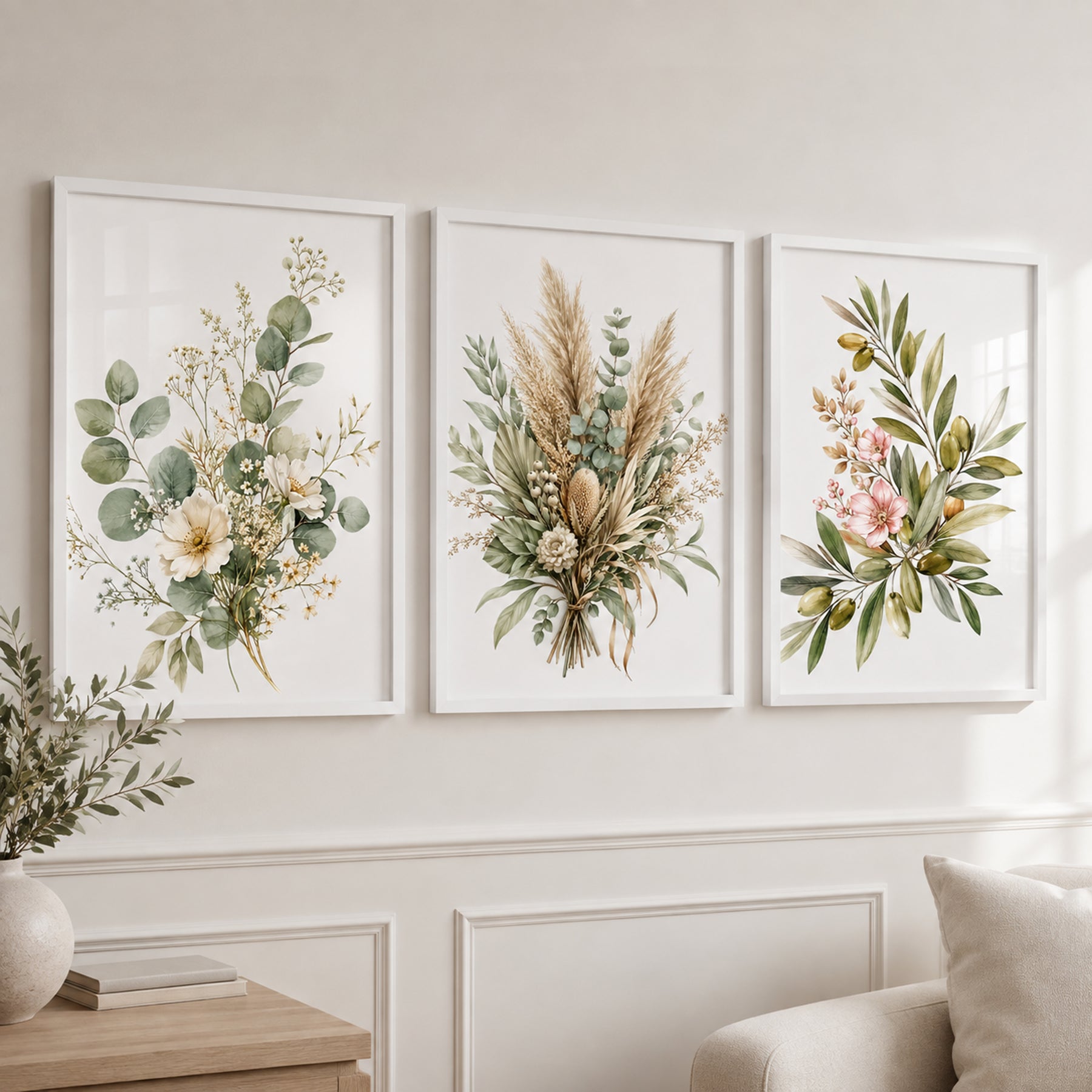 Sage Green Botanical Wall Art Set of 3 | Watercolor Floral Printable Decor